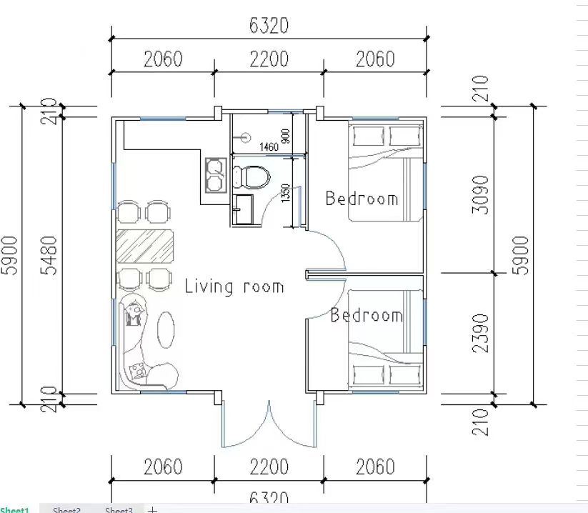 20FT expandable house dimensioned floor plan