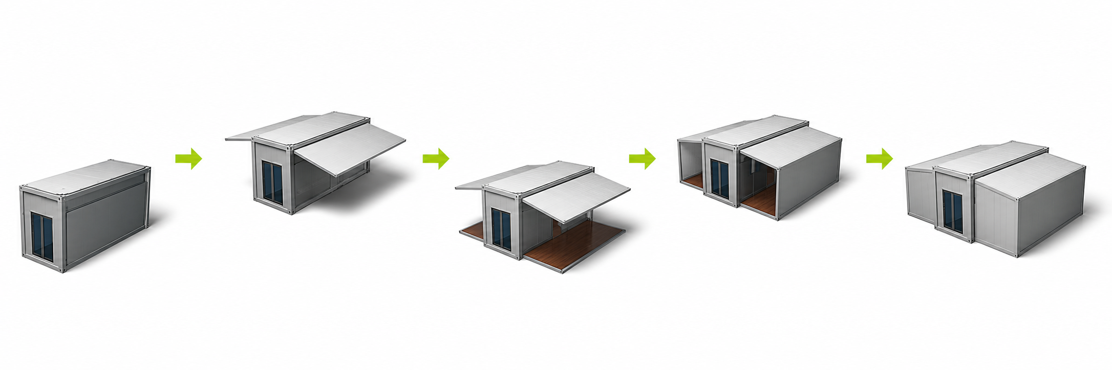 Five-step sequence showing an expandable house unfolding on site